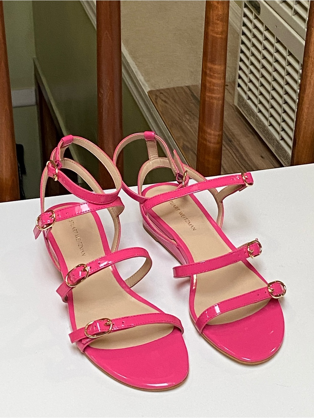 Stuart Weitzman Grecian Buckle Wedge Sandal Women Pink size 7 H41N10